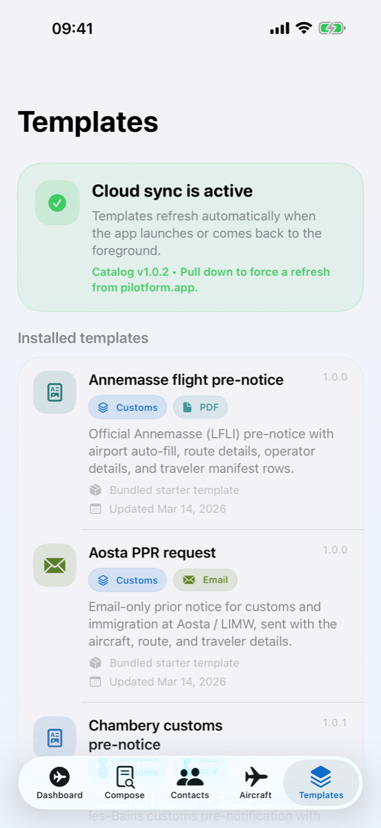Templates screen showing cloud sync status and installed templates